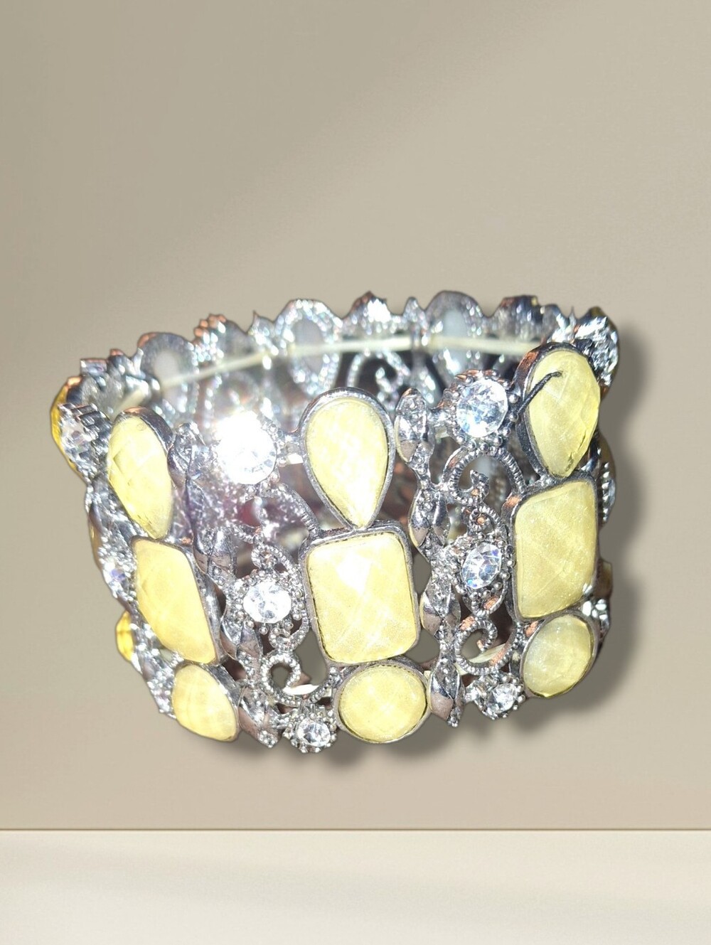 Wide Rhinestone Yellow & Silvertone Filigree Stretch Bracelet Women Jewelry